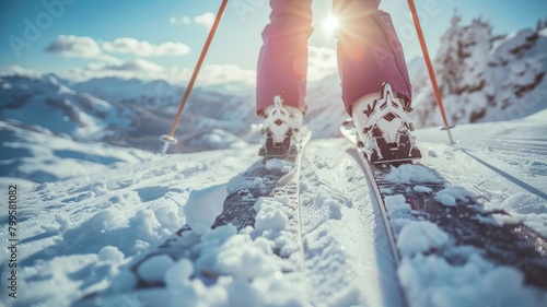 Close-up of ski equipment on snowy mountain slope during sunny day
