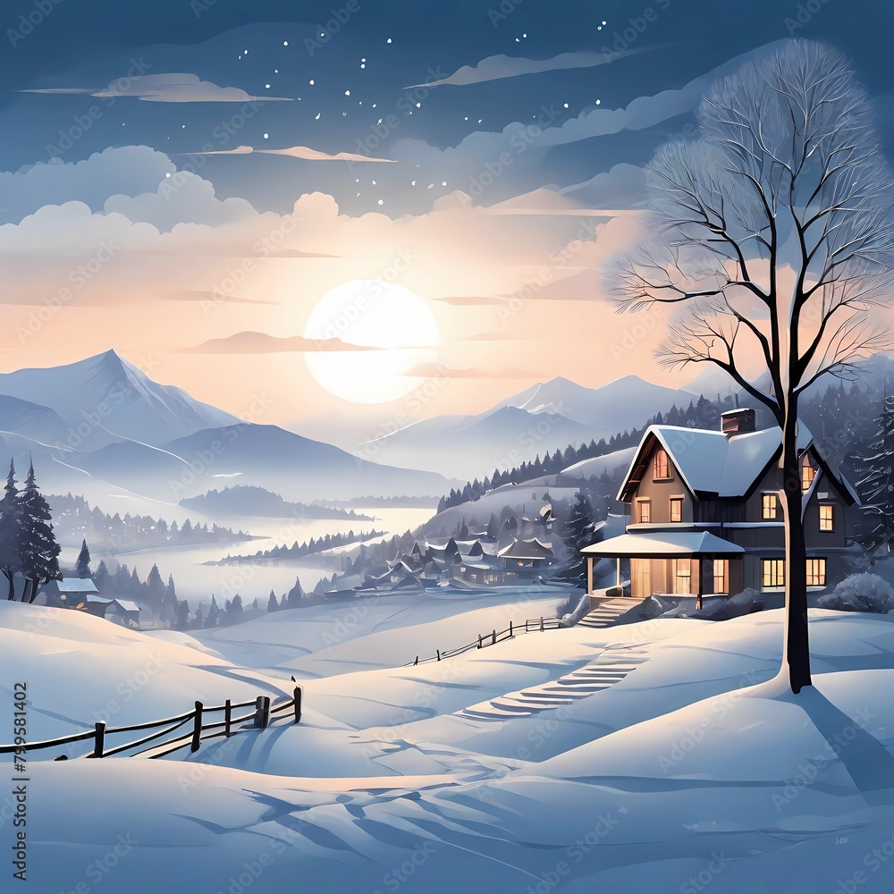 snowy winter background with natural beauty, village life in the mountains. design for poster, banner, card, brochure or cover. generative ai