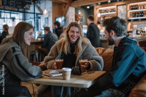 Group of friends having fun in a coffee shop, drinking coffee and talking