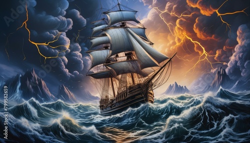 A dramatic scene of a sailing ship bravely navigating through a tumultuous ocean storm photo