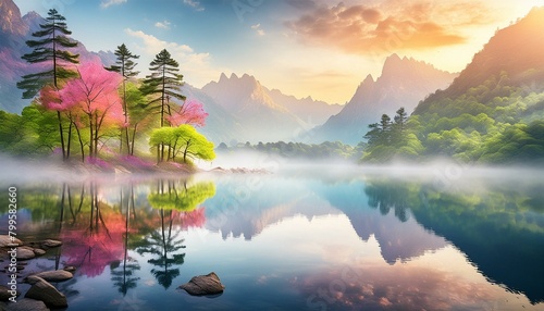A digital painting of a serene natural setting, a calm lake with reflections of distant mountain