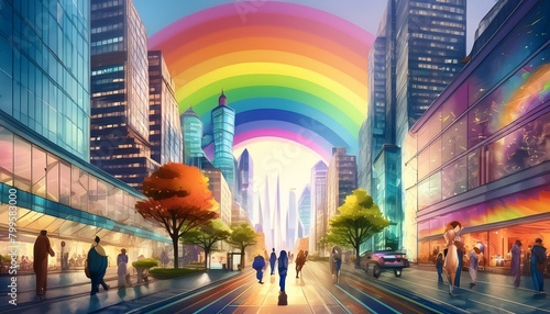 A photograph of a bustling city street at dusk, skyscrapers towering overhead, rainbow vivid  photo