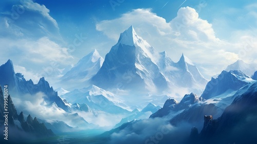 A breathtaking mountain vista, with snow-capped peaks stretching into the distance under a clear blue sky. 