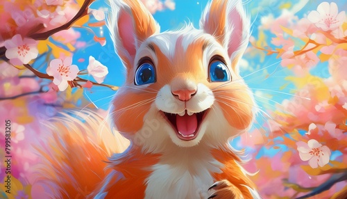 A spring-themed illustration of a joyful squirrel with large  expressive eyes  depicted 