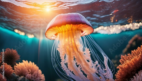 An underwater scene of a jellyfish swimming in the deep sea, illuminated by bioluminescence