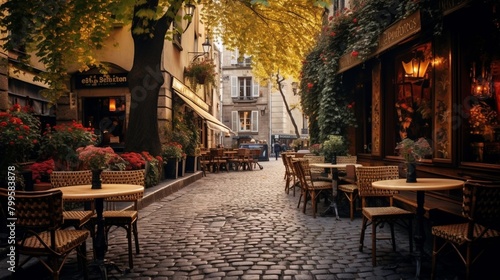 A charming cafe tucked away on a cobblestone street  with tables spilling out onto the sidewalk and the aroma of freshly brewed coffee in the air.  