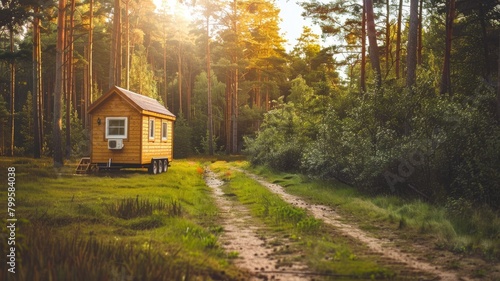 Small wooden house on wheels parked in sunlit forest clearing