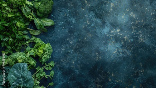 Various green leafy vegetables on blue textured background photo