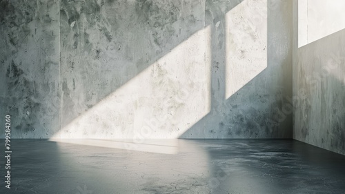 Empty room with concrete walls and floor illuminated by natural light from window