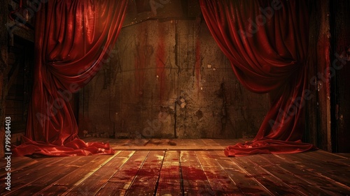 Dark, empty stage with red curtains and worn wooden floor, suggesting dramatic or eerie atmosphere