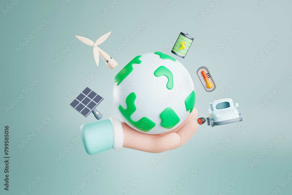 Fototapeta premium 3D rendering Cute cartoon hand holding the earth