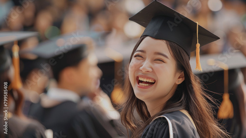 young asian woman in cap and gown laughing, with a crowd of graduates in the background