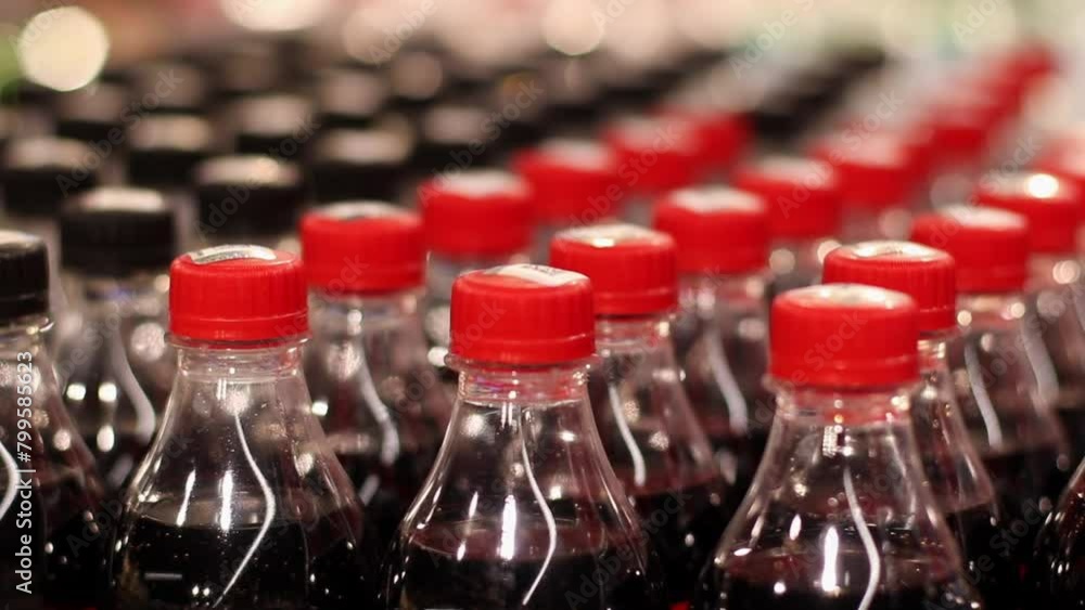 Rows of Plastic Bottles with Drinks at Supermarket Shelf. Many packages with cola in Warehouse. Close-up Rows of Plastic Bottles with Drinks at Supermarket Shelf. Many packages with cola in Warehouse. Close-up