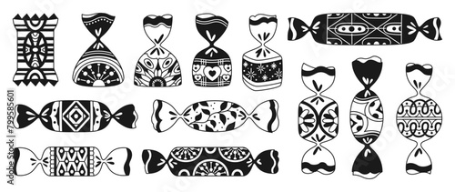 Candy with ornament wrapped cartoon doodle set. Sweets bonbon lollipop chocolate, caramel candies snack wrapping linear pattern. Tasty sugar dessert food childish party. Wrapped vector black and white