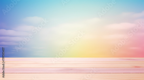 Wooden floor with colorful clouds as background © jiejie