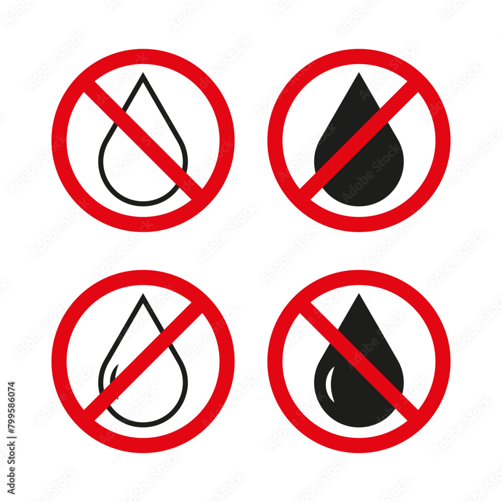 No water usage symbols. Liquid prohibition signs. Drop with cross Vector icons. No water usage symbols. Liquid prohibition signs. Drop with cross Vector icons.
