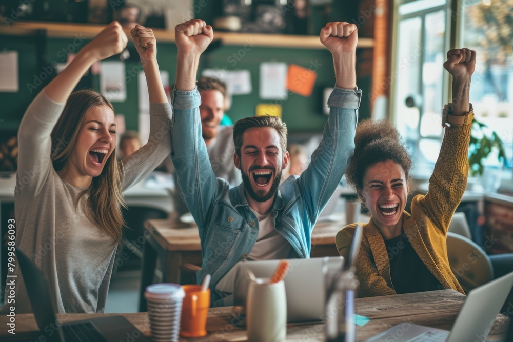 Group of young business people are celebrating and smiling while working in office