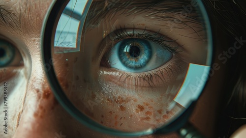 Close-up of person's blue eye magnified by glass lens, freckles visible on skin