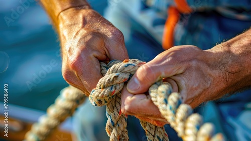Close-up of hands tying knot on rope aboard boat photo