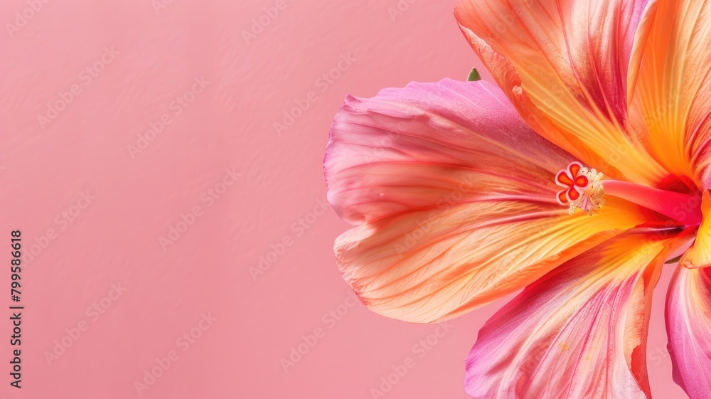 Fototapeta premium Close-up of vibrant pink-orange hibiscus flower against soft pink background