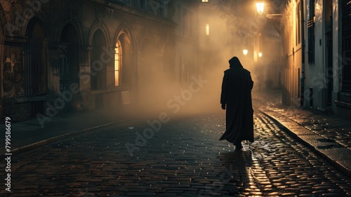 Mysterious figure in cloak walking on cobblestone street at night with fog