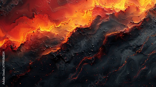 A dramatic abstract background representing the fierce flow of a volcano, featuring diagonal layers of intense red and orange, edged in black to mimic the scorched earth. photo