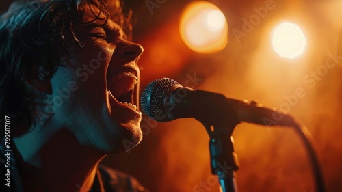 Musician singing passionately into microphone on stage with warm lighting