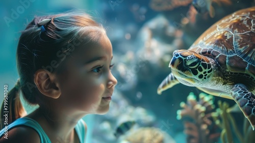 Girl observing sea turtle in aquarium setting photo