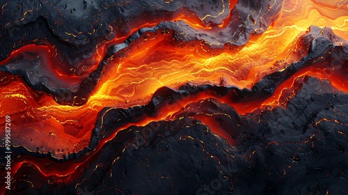 A dramatic abstract background representing the fierce flow of a volcano, featuring diagonal layers of intense red and orange, edged in black to mimic the scorched earth.