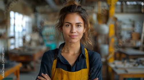 Artisan Woman with Mustard Apron in Authentic Workspace