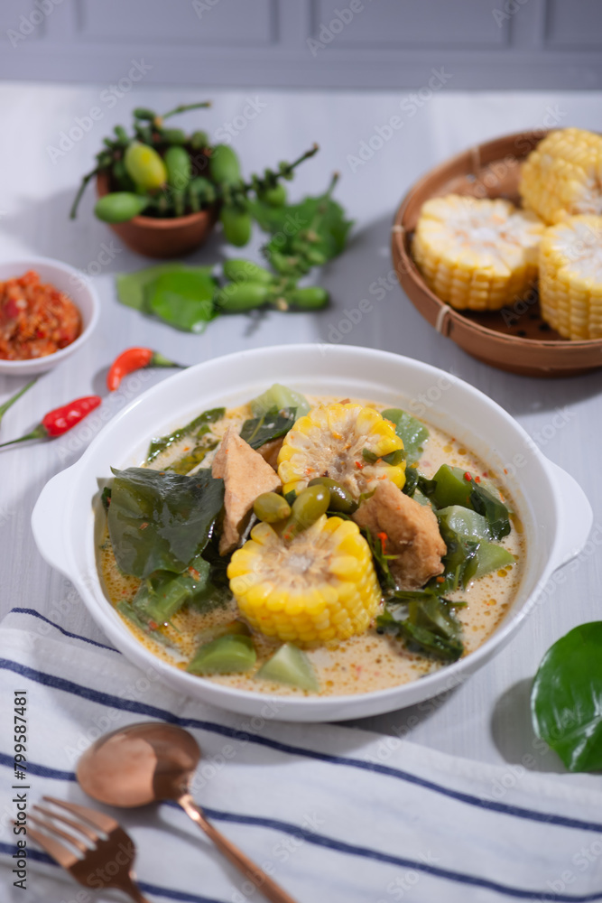 Sayur Lodeh is a vegetable dish made with coconut milk that is typical of Indonesia, especially in Central Java and DI Yogyakarta. Served in a bowl on a white table. Selective focus. Sayur Lodeh is a vegetable dish made with coconut milk that is typical of Indonesia, especially in Central Java and DI Yogyakarta. Served in a bowl on a white table. Selective focus.