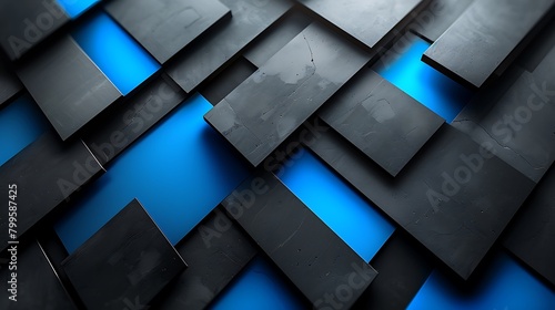 A sophisticated abstract design featuring urban stealth with overlapping diagonals in shades of dark gray and black, complemented by bright neon blue accents  photo