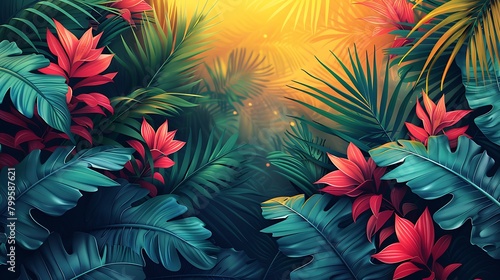 A vibrant geometric jungle design, featuring overlapping diagonal layers in shades of green that mimic jungle foliage, enhanced with bright floral pink and yellow accent