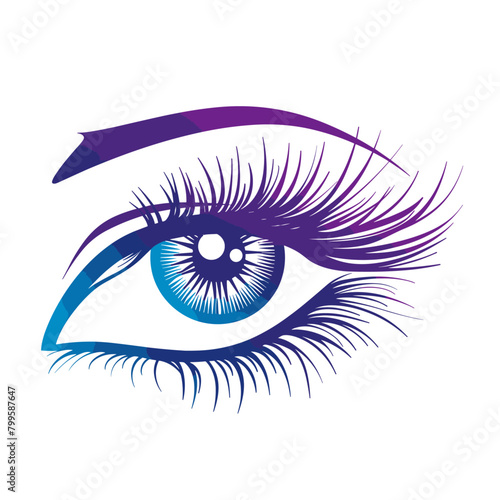 close-up of a beautiful blue eye with long, dramatic eyelashes and a perfectly arched purple eyebrow