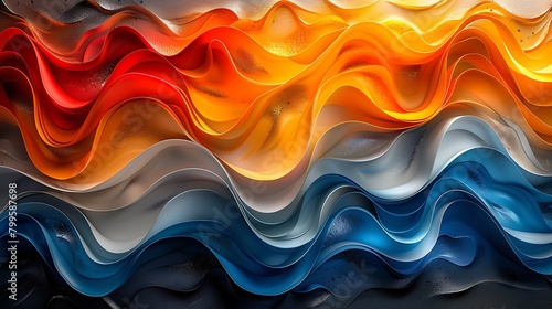 A visually striking abstract design of chromatic waves, showcasing overlapping diagonal layers transitioning from warm oranges to cool blues, each layer accentuated with sleek silver lines