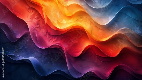 An abstract background featuring chromatic waves with overlapping diagonal layers in a gradient from warm to cool colors, accentuated with dynamic silver metallic lines photo