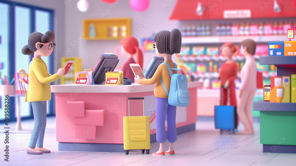 People making payment from device mobile phone in supermarket. Contactless digital payment. Food shopping. Cartoon character People lifestyle E-commerce. Generative ai People making payment from device mobile phone in supermarket. Contactless digital payment. Food shopping. Cartoon character People lifestyle E-commerce. Generative ai