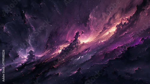 An abstract cosmic design featuring deep space inspired by black and dark purple diagonal layers, accented with small scattered stars and nebula-like textures that evoke the mystery  photo