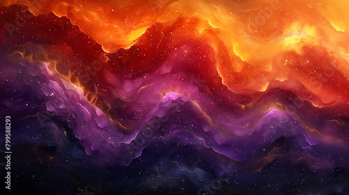 An abstract depiction of a sunset mirage with diagonal layers of deep oranges, reds, and purples, enhanced by subtle golden glitter accents  photo