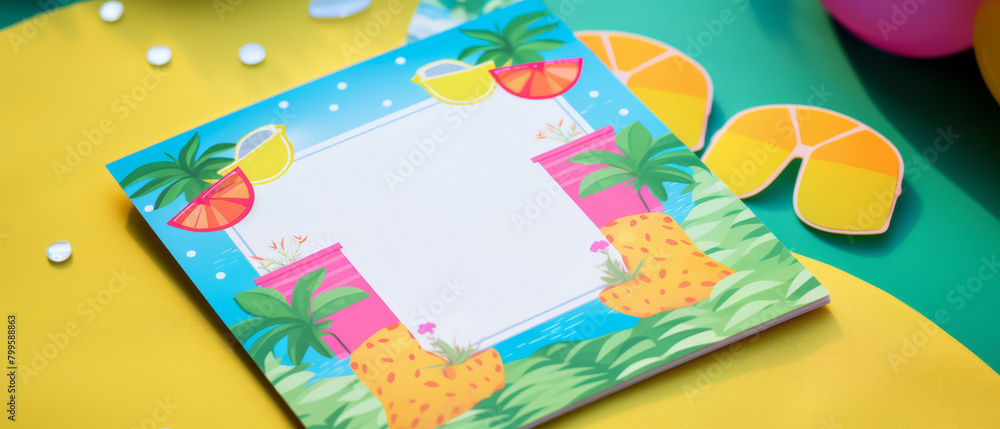 Fototapeta premium Summer-themed party invitations on a flat, brightly colored background,