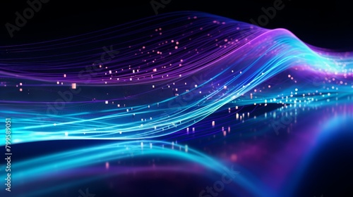 Futuristic image of data transmission represented as a digital wave flowing through an advanced optical fiber,