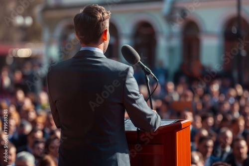 Politician speaking from podium at gathering photo