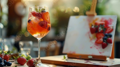 A blank canvas waiting to be transformed into a unique creation accompanied by a glass filled with a fruity and refreshing mocktail.