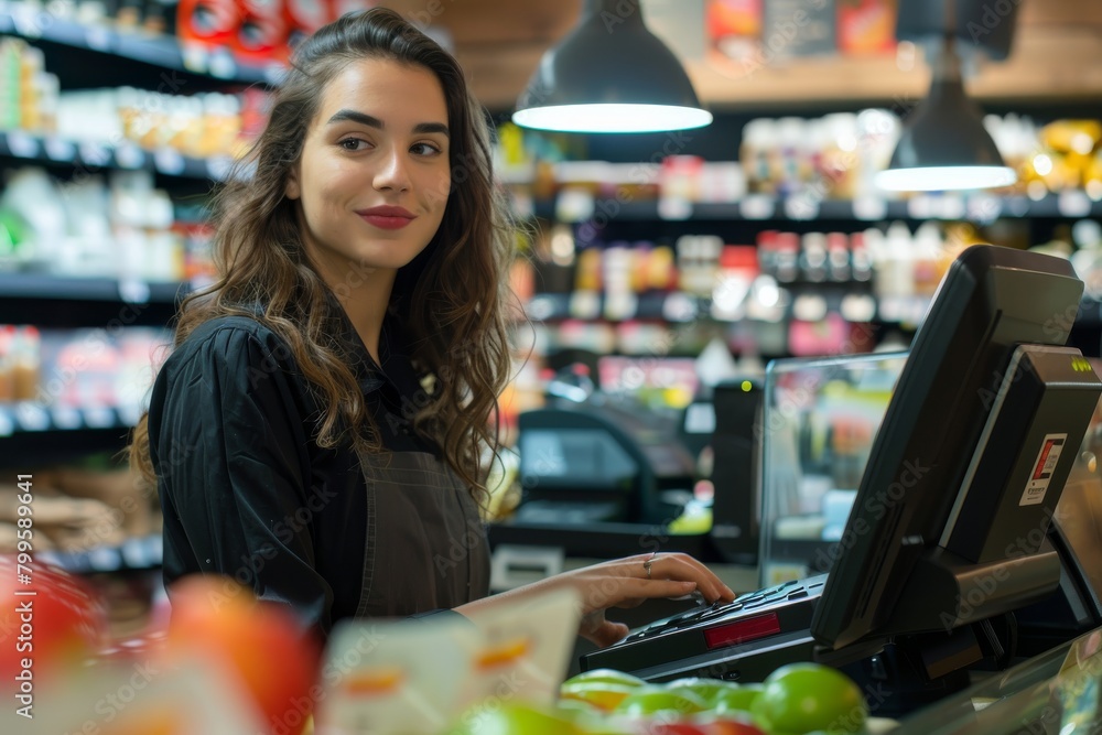Smiling female cashier working at register in store. Smiling female cashier working at register in store.