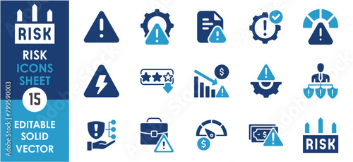 Set of solid icons related to risk, warning, alarm. Flat icon collection. Editable Vector illustration