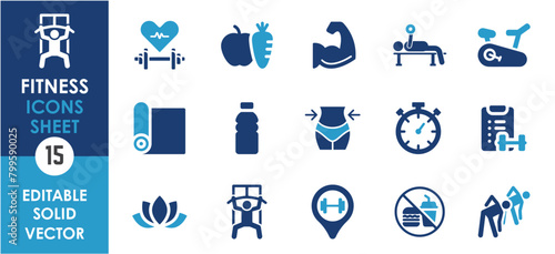 Set of solid icons related to fitness, gym. Flat icon collection. Editable Vector illustration
