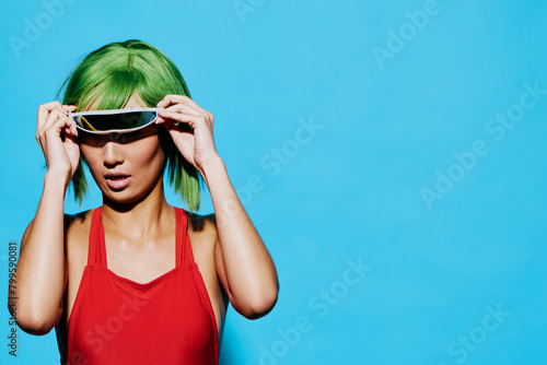 Woman beauty wig portrait smile sunglasses fashion trendy