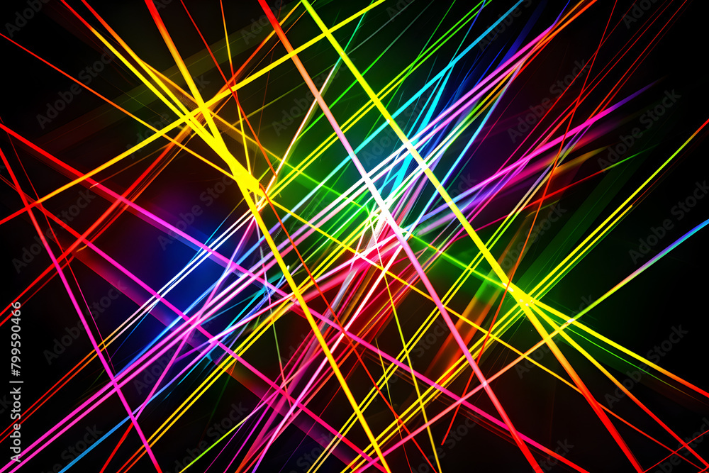 Neon lines intersecting in a rainbow of colors. Vibrant and energetic design on black background.