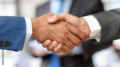 Confident man and woman shaking hands in a well-lit office after a successful job interview, both dressed in formal suits, Canon captured professional imagery.