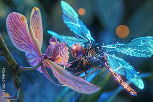 Zoom in on a robotic dragonfly delicately perched on a glowing orchid petal, emphasizing intricate details with a macro lens in a lush, digitally enhanced futuristic forest scape